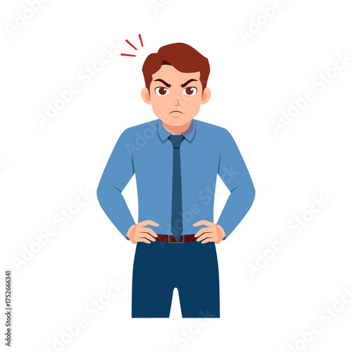 Angry Caucasian Man with Hands on Hips and Stern Expression Facing Forward Illustration