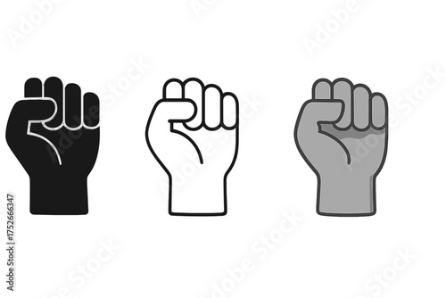 Raised fist icon set in 3 styles. Symbol of protest, strength, power, solidarity, and revolution. Vector illustration for concepts like success, achievement, and willpower.