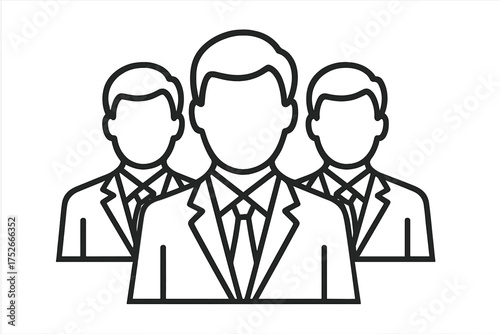 Business team icon of three men in formal suits. Group of businessmen concept for corporate leadership, management, or professional staff. Vector line art avatar symbol.