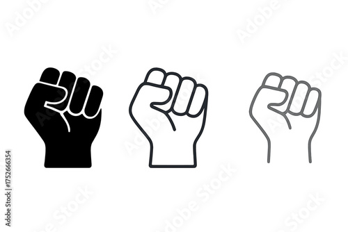 Fist icon set in 3 styles. Symbol of power, strength, protest, and success. Vector illustration for concepts of willpower, resistance, revolution, solidarity, and achievement.