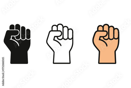Raised fist icon set in 3 styles. Vector symbol of protest, power, strength, solidarity, and revolution. Concept for success, achievement, willpower, activism, and social justice.