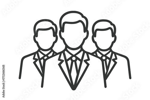 Business team vector icon. Group of three men in formal suits. Line art illustration of businessmen collaboration, leadership, and partnership. Corporate professional staff concept.