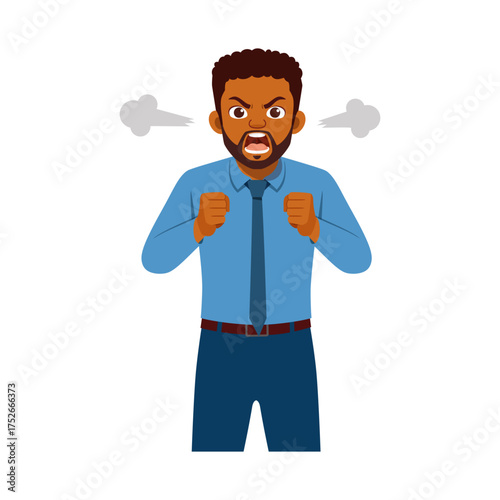 Angry African businessman with clenched fists steaming from ears and looking furious