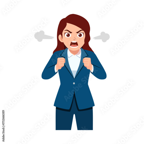 Angry Businesswoman Shouting with Fists Clenched and Smoke Illustration Art