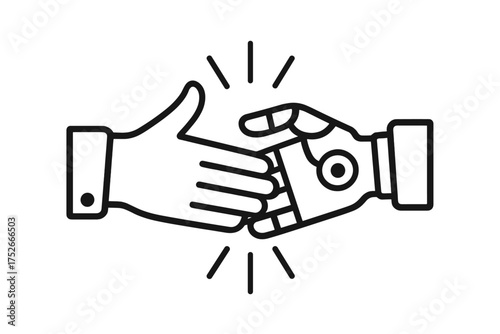 Human and robot handshake vector icon. AI partnership. Man and machine collaboration. Future technology, synergy, agreement, and artificial intelligence innovation concept.