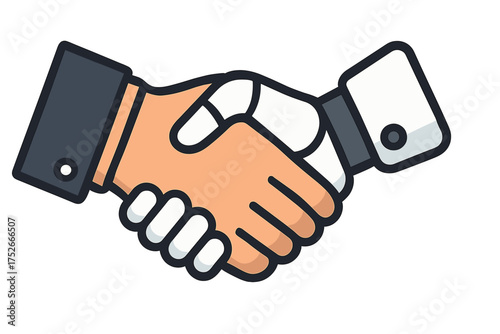 Human and robot handshake vector icon. Artificial intelligence concept. Man and machine partnership. AI benefits, technology, future, agreement, collaboration, deal, synergy.