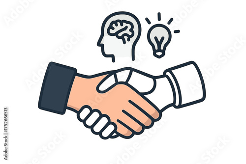 Human and robot handshake vector icon. Artificial intelligence partnership concept. Man and cyborg shaking hands. Future technology, innovation, AI benefits and collaboration idea.