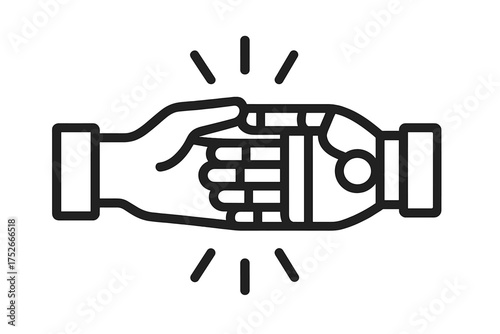 Human and robot handshake icon. AI and human collaboration concept. Partnership, teamwork, connection between man and machine. Future of technology and artificial intelligence.