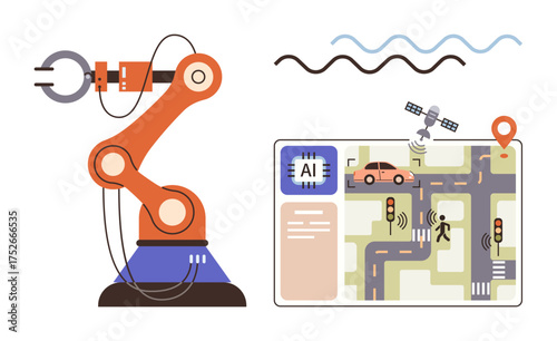 Robotic arm beside smart city interface with AI, autonomous car, satellite, signals, and pedestrians. Ideal for technology, AI, robotics urban planning automation IoT innovation. Simple flat