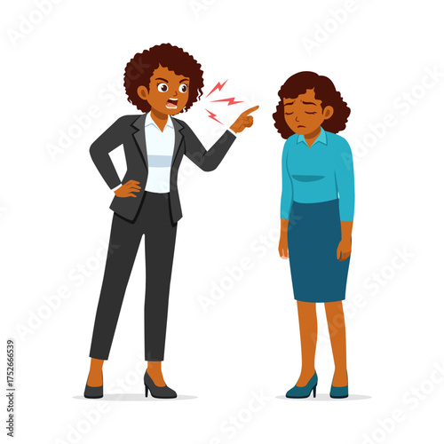 African American woman boss scolding employee with angry expression at workplace