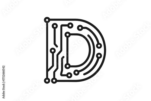 Letter D logo, minimal icon design. Vector template for technology, digital interface, hardware, engineering. Monogram concept with circuit board graphic, microchip, data path.