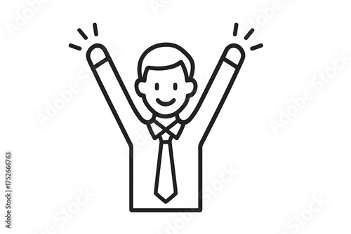 Businessman celebrating success with arms up. Vector thin line icon. Happy employee celebrating a win. Achievement and victory concept. Man rejoices in success. Job promotion.