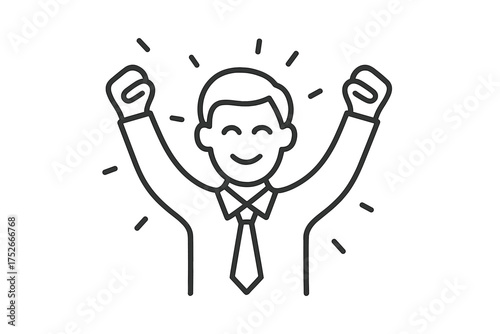 Business success celebration vector line icon. Happy businessman celebrating victory or achievement with arms up. Winning employee concept. Excited man gesture. Goal reached.