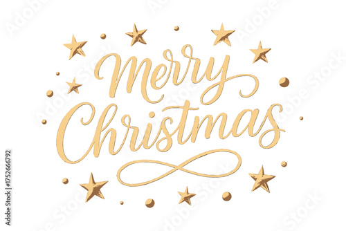 Merry Christmas golden calligraphy greeting. Elegant handwritten Xmas script lettering with gold stars decoration. Festive holiday vector illustration for invitation or card design.
