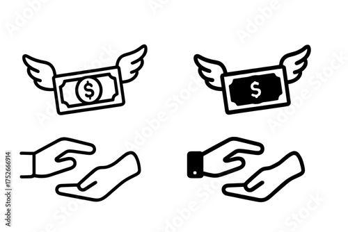 Money transfer vector icon. Bank note with wings flying from sender to receiver hand. Fast payment, cash flow, transaction. Finance, wealth, investment, salary, income.
