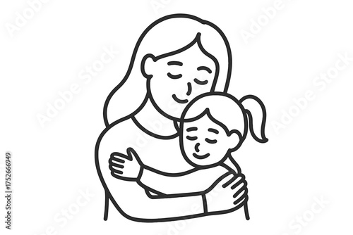 Mother hugging daughter. Woman holding little girl. Happy Mother's Day concept. Vector thin line icon. Family love, care and affection. Parenthood and motherhood symbol.