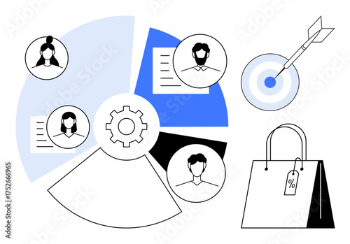 Pie chart, customer profile icons, target with an arrow, cog, documents, shopping bag with discount tag. Ideal for business planning, marketing analysis, e-commerce customer targeting sales