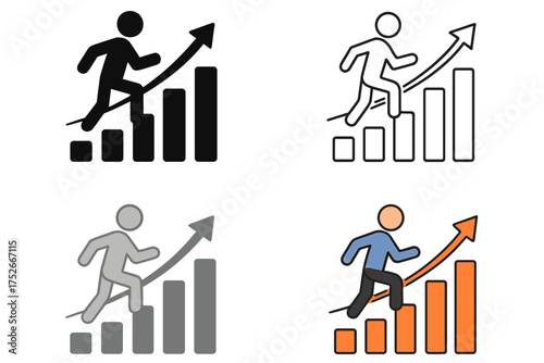 Man runs up a growing bar chart with an arrow. Business growth and career ladder icon set. Concept of success, progress, improvement, and development. Vector illustration.
