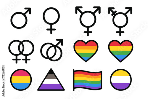 Set of gender and sexual orientation symbols. LGBTQ pride vector icon collection. Male, female, transgender, gay, lesbian, non-binary, pansexual, demisexual signs and flags.
