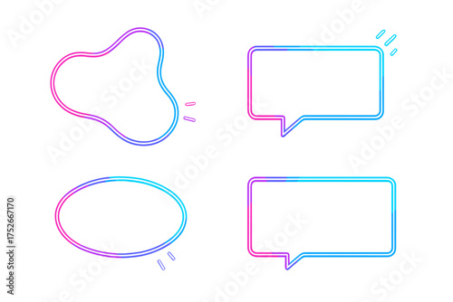 Neon frame set. Glowing speech bubble and quote box. Abstract fluid shape. Vector banner template with colorful dynamic gradient. Trendy led light effect border graphic element.