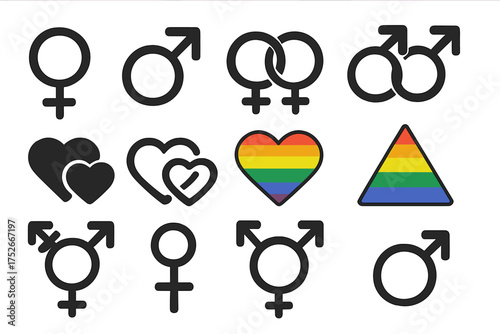 Set of gender and orientation vector symbols. LGBTQ+ pride icon collection with gay, lesbian, transgender signs. Rainbow heart and triangle for community and identity concepts.