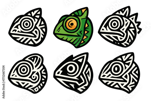 Chameleon head logo icon set. Stylized geometric tribal animal illustration. Vector graphic collection in 6 styles. Reptile mascot design for print, tattoo, or emblem.