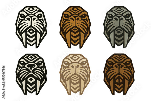 Stylized geometric walrus head vector icon set. Tribal animal mascot logo collection in 6 styles. Abstract arctic sea mammal face illustration for branding or tattoo design.