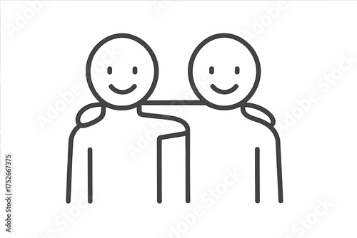 Friendship icon of two friends with arms around shoulders. Concept of support, care, and community. Teamwork and collaboration symbol. Happy people together. Vector line art.
