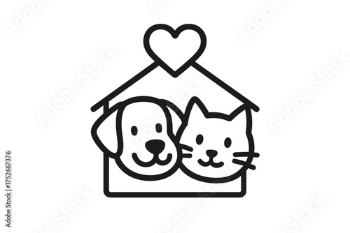 Dog and cat in house with heart icon. Pet shelter, veterinary clinic, animal adoption concept. Vector logo for pet care, love, friendship. Pet shop or hospital graphic.