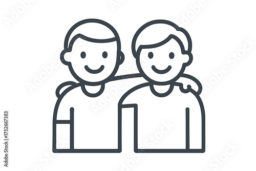 Friendship line icon. Two friends hugging, arms around shoulders. Teamwork, support, and unity concept. Happy people together. Partnership and community vector illustration.