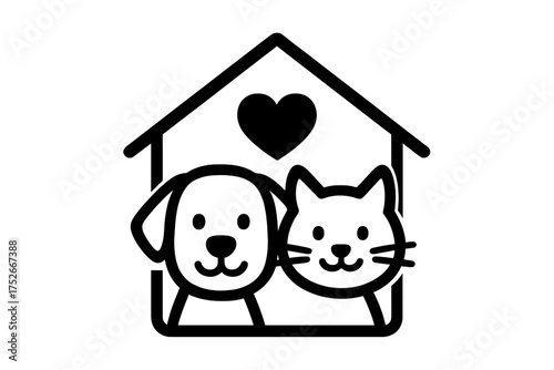 Dog and cat vector icon for pet shop, veterinary clinic or animal shelter. Pet care, adoption, home, and love concept. Animal friendship logo with a house and heart symbol.