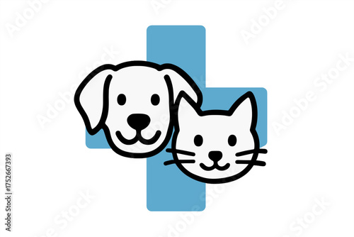 Veterinary clinic logo with dog and cat head icon. Pet health care symbol. Animal hospital, vet, shelter or pet shop medical cross sign. Vector for animal insurance concept.