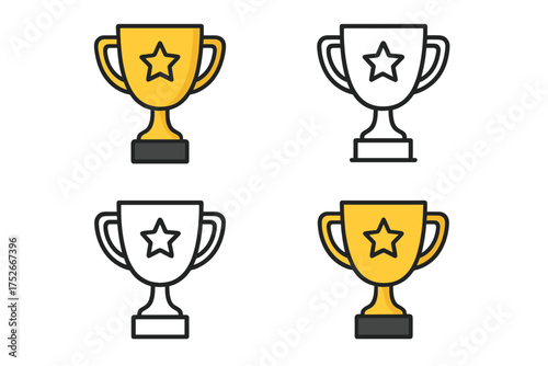 Winner trophy cup icon set for victory and success. Golden award for first place champion. Prize for achievement in competition. Vector symbol illustration for business or sport.