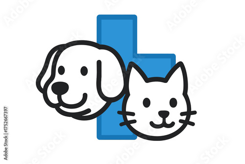Veterinary clinic logo. Dog and cat head icon with medical cross. Pet health care symbol. Animal hospital, shelter, or pet shop sign. Vet medicine & first aid concept.