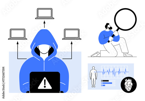 Hooded hacker with laptop, connecting devices, researcher with magnifier, medical charts. Ideal for cybersecurity, data breach, internet safety, technology, medical science innovation simple flat