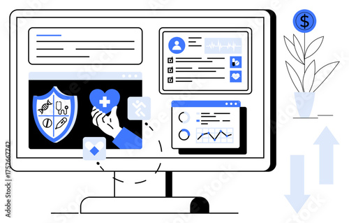 Desktop monitor showcasing health app elements, including user profile, insurance shield, analytics, and medical services. Ideal for digital health, analytics, fintech, insurance technology