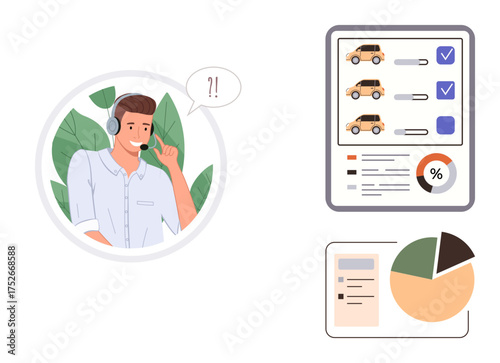 Agent wearing a headset interacts with a customer about cars. Side panels display vehicle selection options, analytics, and pie charts. Ideal for support, data, communication, customer service