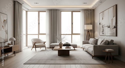 Modern Minimalist Living Room Interior with Elegant Furniture, Natural Light, Neutral Tones, Cozy Atmosphere, Wooden Floor, and Contemporary Design for Home Decoration Inspiration
