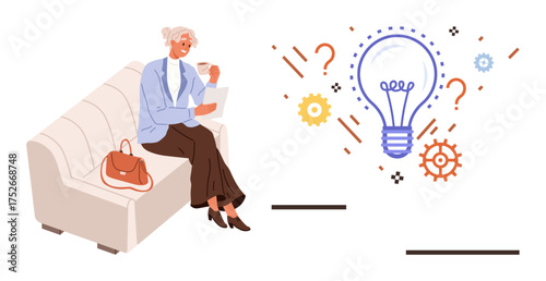 Woman seated on sofa holding coffee and paper, large light bulb, and gears symbolizing creativity, ideas, and problem-solving. Ideal for innovation, productivity, brainstorming, thought leadership