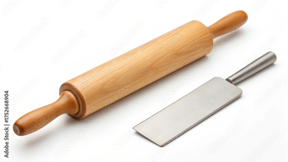 Obraz premium Rolling pin and dough scraper on a light background for baking enthusiasts.