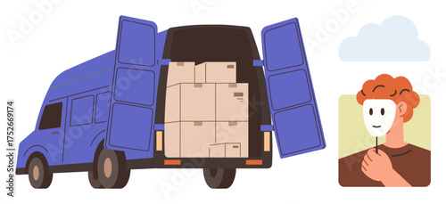 Blue van with cardboard boxes in the back, person holding a mask. Ideal for delivery, logistics, anonymity, deception, e-commerce, transportation, secrecy simple flat metaphor