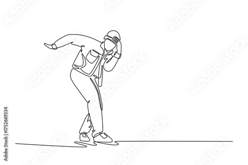 Continuous one line drawing young male mid-groove, leaning low with one hand cupped to their face, emotional pose typical Hip Hop or Popping dance. Single line draw design vector graphic illustration
