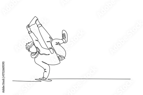 Continuous one line drawing young guy balanced on one hand in inverted freeze with leg bent and raised high, challenging power move in breakdancing. Single line draw design vector graphic illustration