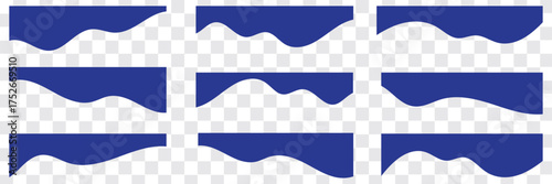 Set of separators shapes for website. Curve Lines, Drops, Wave and triangular dividers for Top or Bottom Page. Frame of header. Collection of dividers shape templates. Blue Color curved background Set