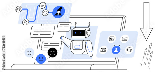 Robot assistant engaging via chat, emotion analysis, and task management on a laptop. Ideal for automation, customer service, AI, technology, communication feedback user interface. Simple flat