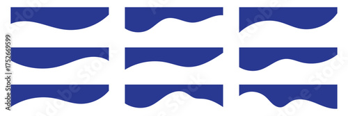 Set of separators shapes for website. Curve Lines, Drops, Wave and triangular dividers for Top or Bottom Page. Frame of header. Collection of dividers shape templates. Blue Color curved background Set