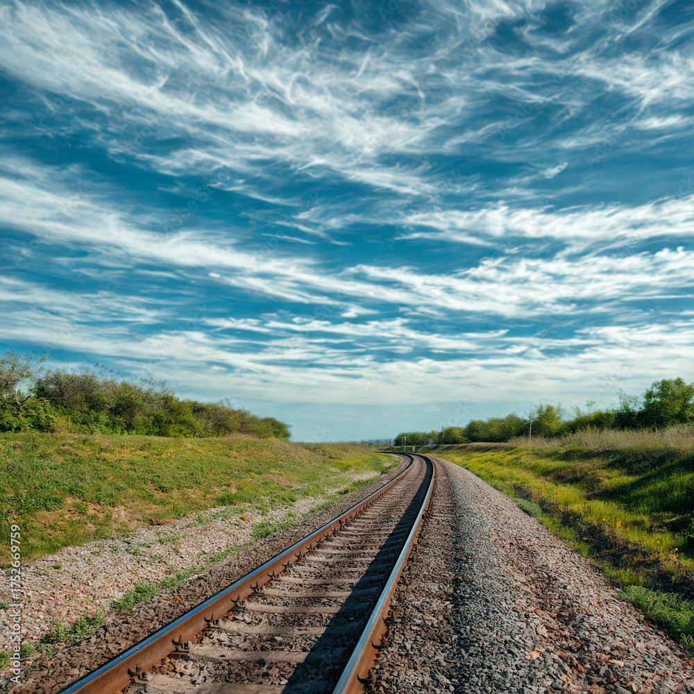 Fototapeta premium Vast sky over train tracks leading to the horizon