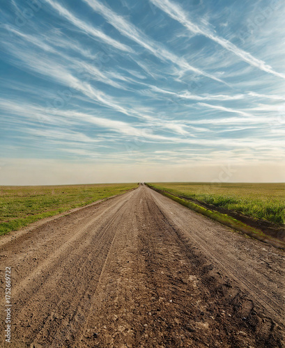 Long dirt road stretching through green fields under a vast sky