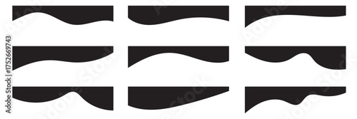 Collection of dividers shape templates. Modern separator header for website and app. Curve lines, wave collection of abstract design element for top and bottom page web site. Black Color Curved shape.