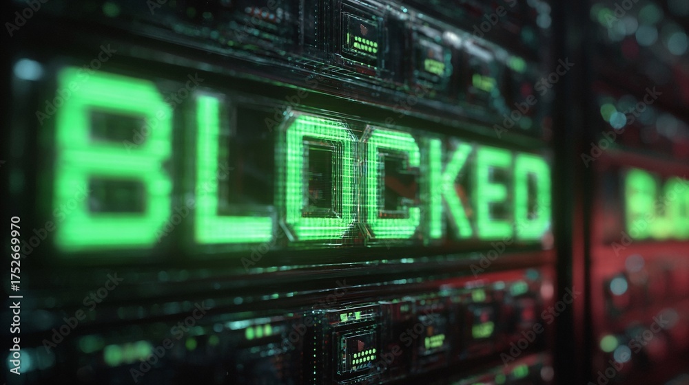 Fototapeta premium Digital representation of the word 'BLOCKED' in glowing green against a dark, tech-inspired background.